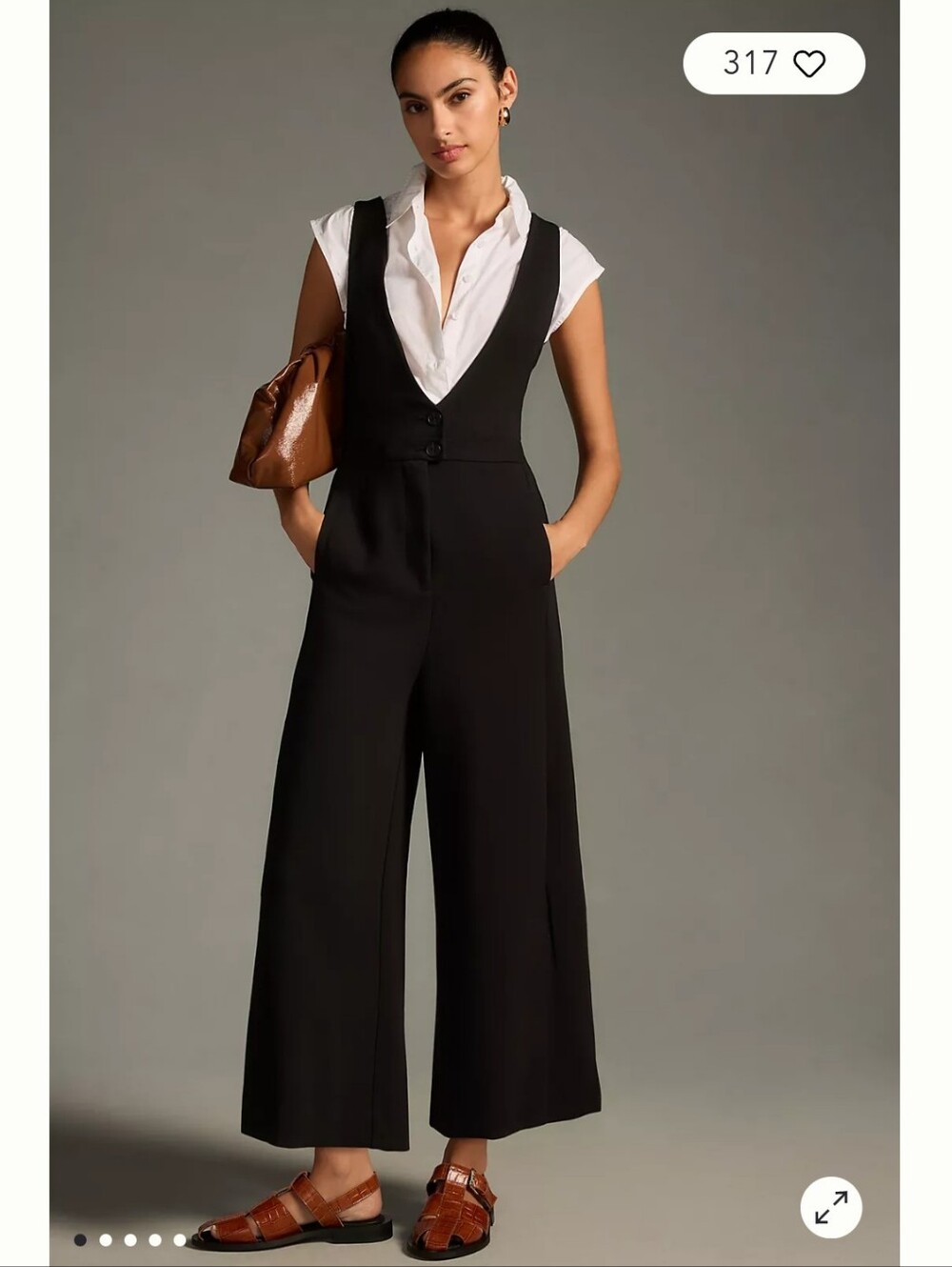 Maeve Anthro V-Neck Pinafore Wide-Leg Jumpsuit 4 Blk Minimal Tailored Menswear
